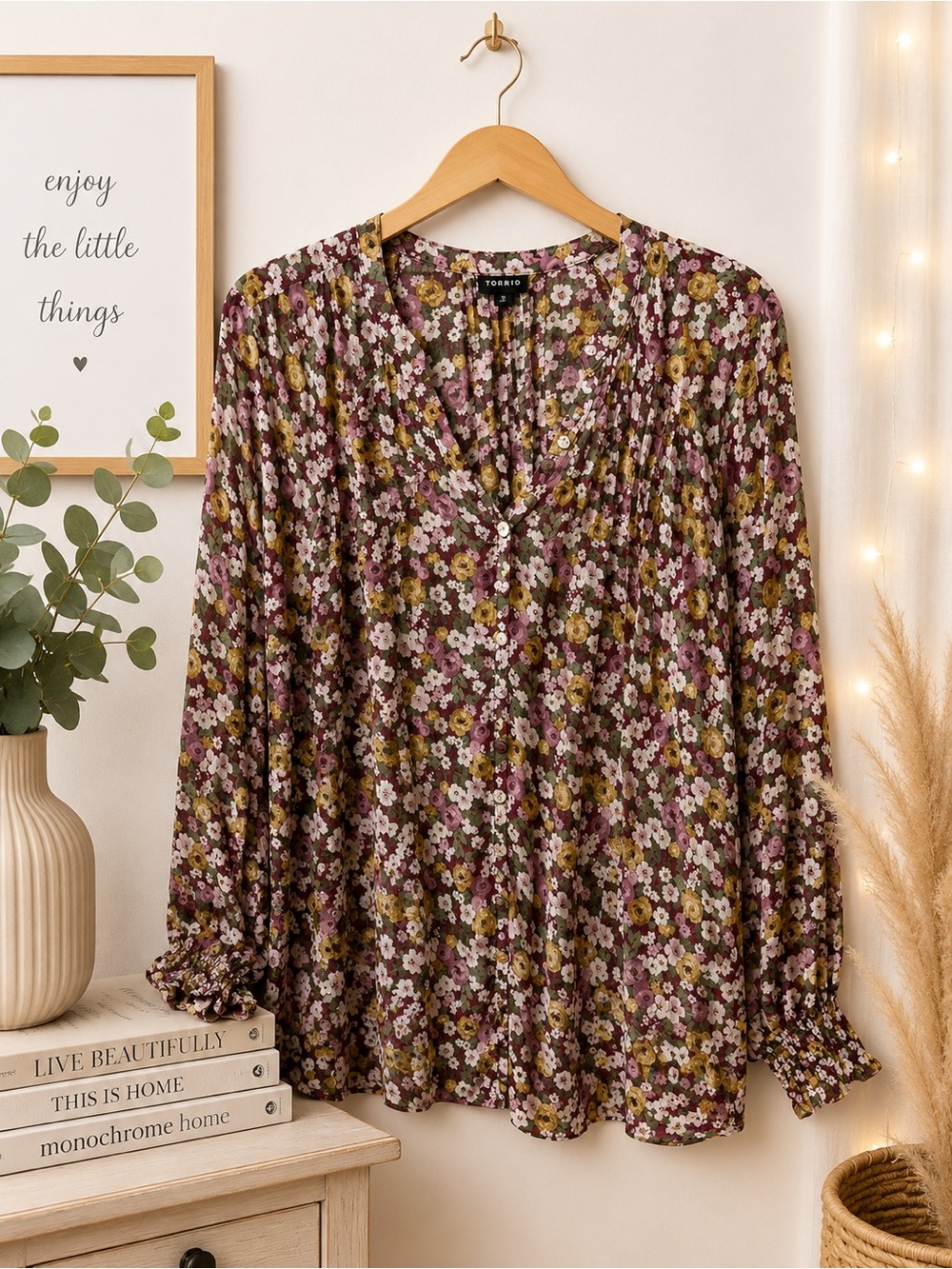 torrid Floral V-Neck Long-Sleeve Blouse - Purple, Olive, Cream